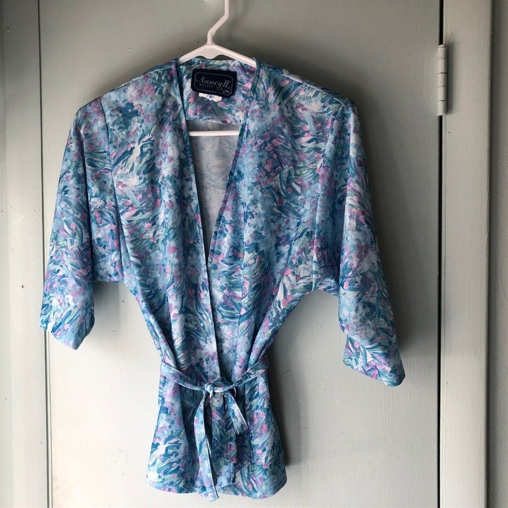 Vintage Nancy II Petite wrap cardigan floral open front polyester aqua blue pink